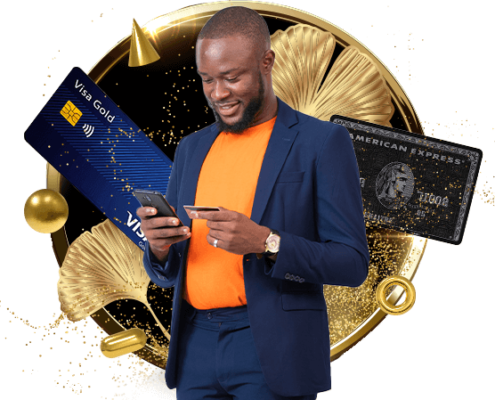Black guy in suit looking at phone with credit card in hand