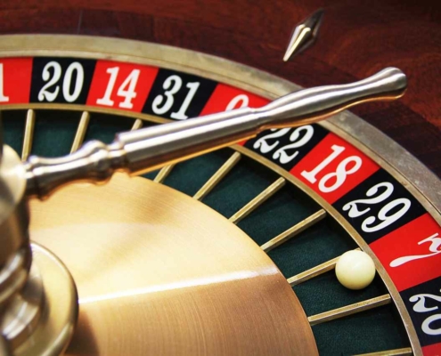 A Roulette table spinning the white ball