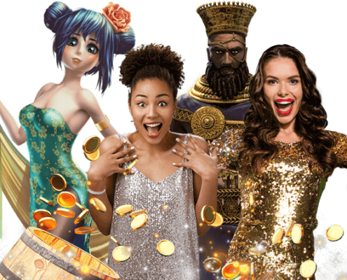 Casino characters and women celebrating with gold coins