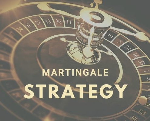 Martingale strategy text with roulette wheel background