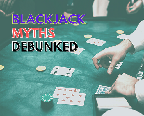 Blackjack myths debunked text with blackjack table background