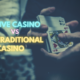live casino vs traditional casino text with dealer shuffling cards