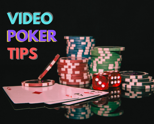 Video poker tips text with stacked casino chips and 4 ace cards