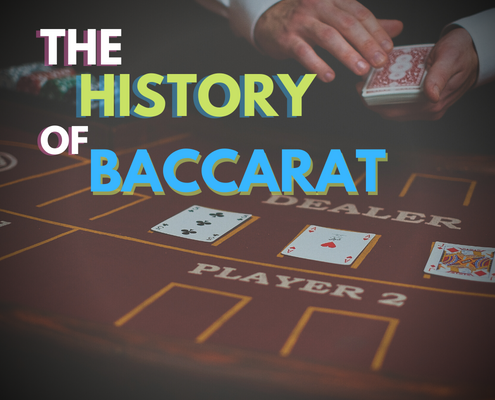 The history of baccarat text with casino dealer and table