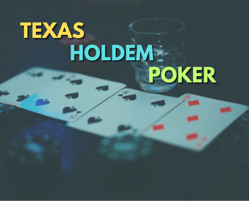 Texas holdem poker text with 4 cards and shotglass background