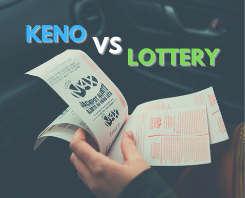 keno vs lottery text with lotto slips in white hand